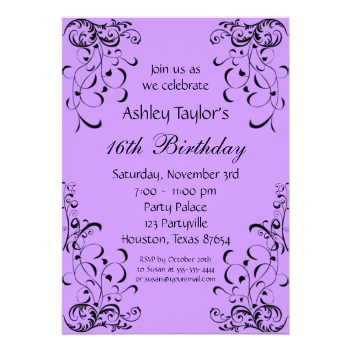 Purple Swirls Sweet Sixteen Birthday Party Personalized Announcements