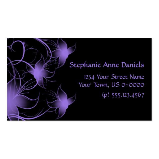 Purple Swirly Flowers on Black Business Card