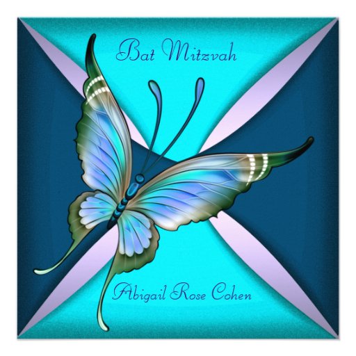 Purple Teal Blue Butterfly Bat Mitzvah Custom Invitations (front side)