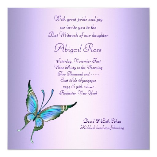 Purple Teal Blue Butterfly Bat Mitzvah Custom Invitations