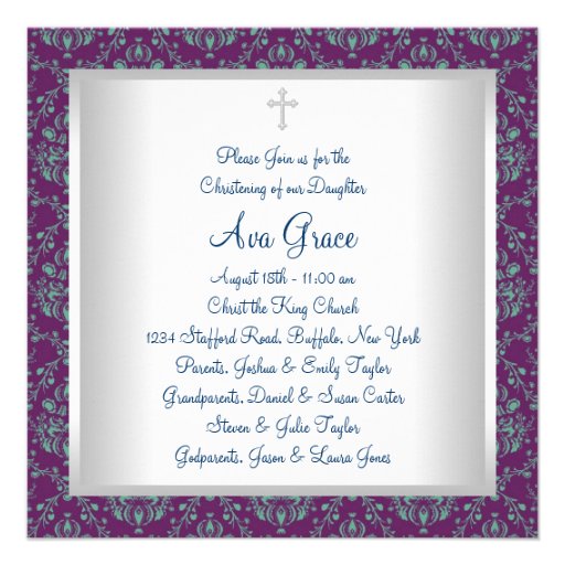 Purple Teal Blue Damask Baby Baptism Christening Invite