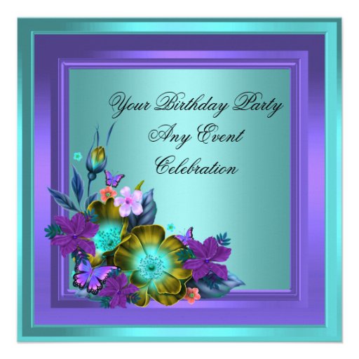 Purple Teal Blue Floral Elegant Party Custom Invitations