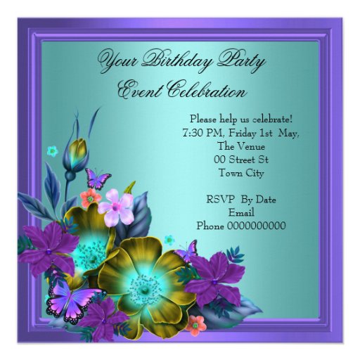 Purple Teal Blue Floral Elegant Party Custom Invitations