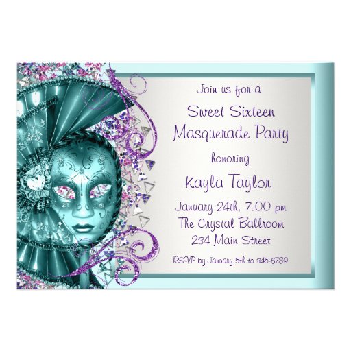 Purple Teal Blue Sweet Sixteen Masquerade Party Custom Invites (front side)
