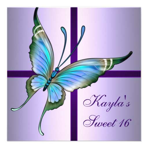 Purple Teal Butterfly Sweet 16 Birthday Party Personalized Announcements