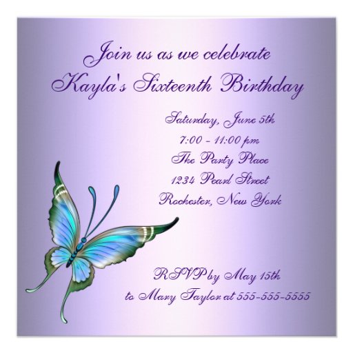 Purple Teal Butterfly Sweet 16 Birthday Party Personalized Announcements