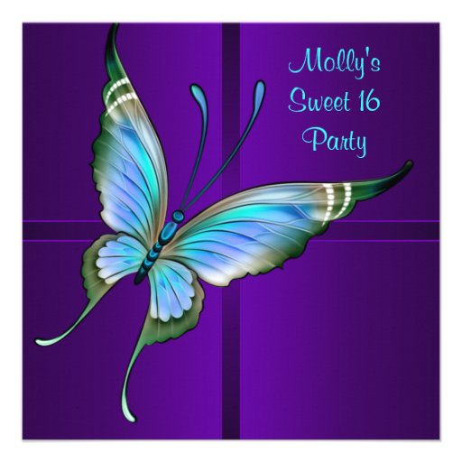 Purple Teal Butterfly Sweet 16 Birthday Party Invitations