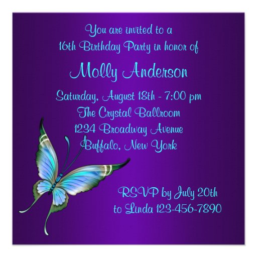 Purple Teal Butterfly Sweet 16 Birthday Party Invitations