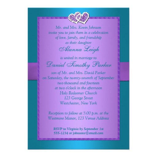 Purple, Teal Floral Hearts Monogram Wedding Invite