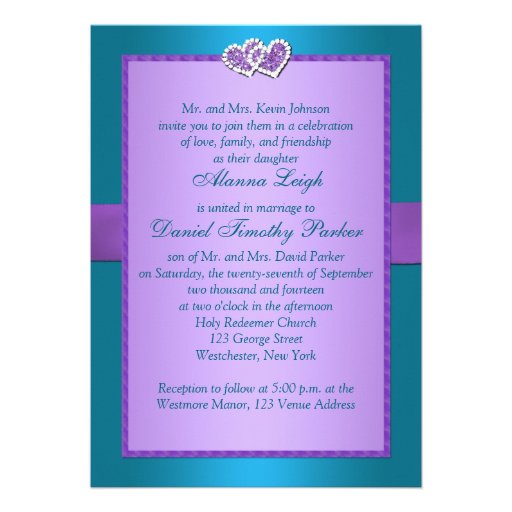 Purple, Teal Floral Hearts Monogram Wedding Invite