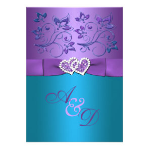 Purple, Teal Floral Hearts Monogram Wedding Invite