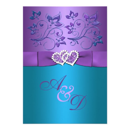 Purple, Teal Floral Hearts Monogram Wedding Invite (front side)