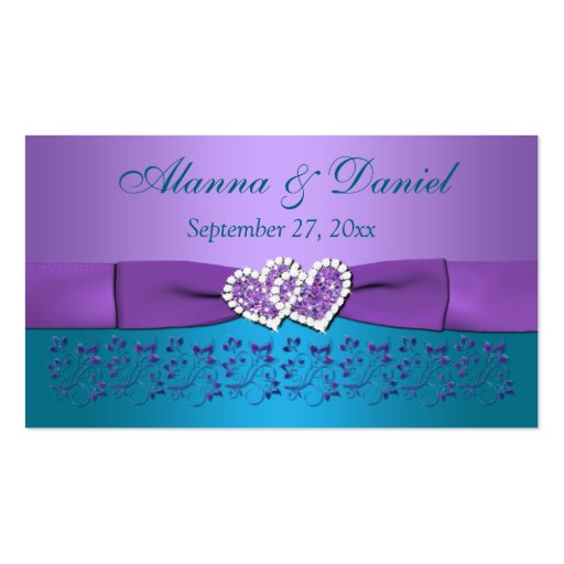 Purple, Teal Floral, Hearts Wedding Favor Tag Business Card (front side)