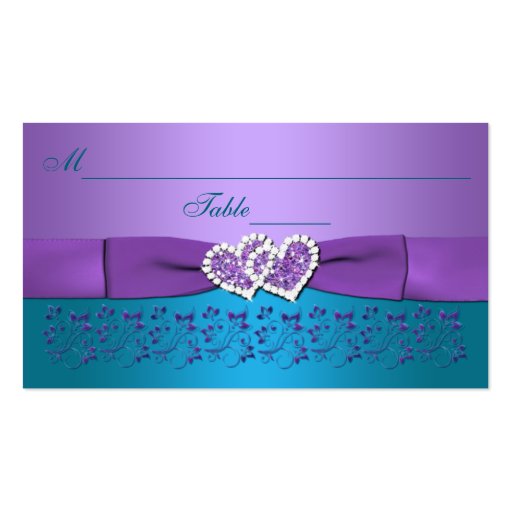 Purple, Teal Floral, Hearts Wedding Placecards Business Card Template (front side)