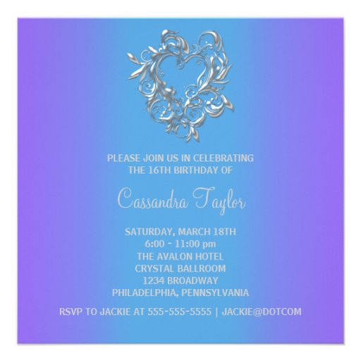 Purple Teal Heart Sweet 16 Party Personalized Invite