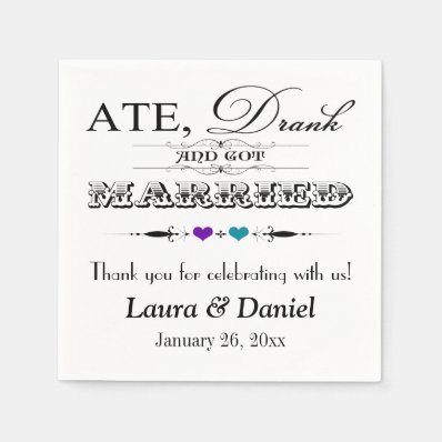 Purple, Teal Hearts, Scrolls Wedding Napkins