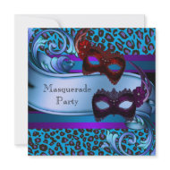 Purple Teal Leopard Masks Sweet 16 Masquerade invitation