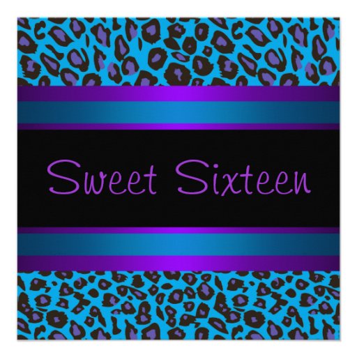 Purple Teal Leopard Sweet 16 Birthday Party Personalized Announcement