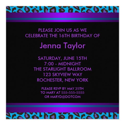 Purple Teal Leopard Sweet 16 Birthday Party Personalized Announcement