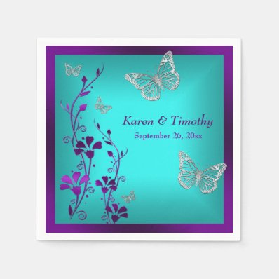 Purple Teal Silver Floral, Butterflies Napkins