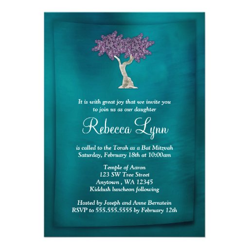 Purple Teal Tree of Life Bat Mitzvah Invitations (front side)