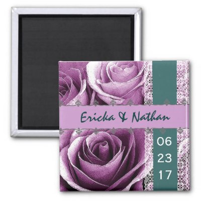 Purple Teal Wedding Rose Bouquet with Lace Refrigerator Magnets by 