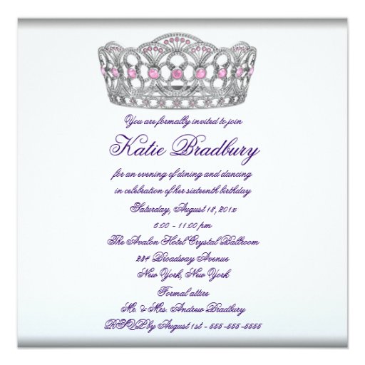 Purple Tiara White Sweet 16 Party Personalized Invitation