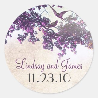 purple tree love birds wedding stickers