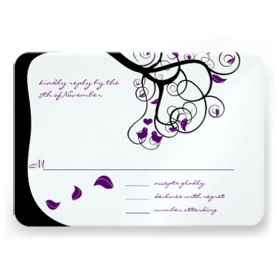 Purple Tree Swirls Love Birds Wedding Invitation