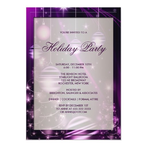 Purple Trees & Christmas Ornaments Holiday Party Announcements (front side)