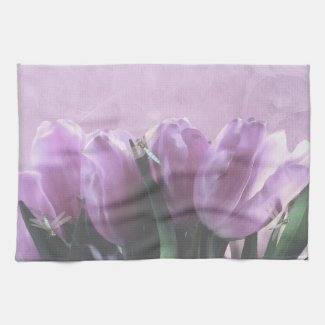 Purple Tulips Aqua Dragonflies Kitchen Towels