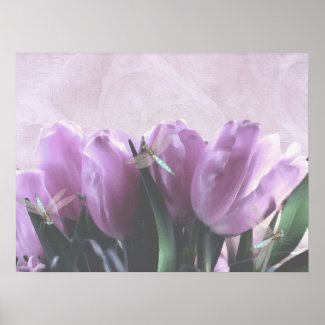 Purple Tulips  Aqua Dragonflies Poster Wall Art