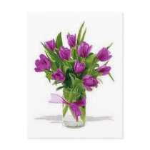 purple tulips in vase postcards