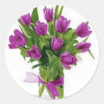 purple tulips in vase round sticker