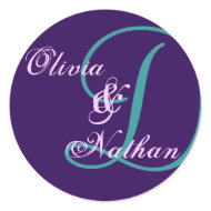 PURPLE & TURQUOISE Wedding Favor Monogram Sticker sticker