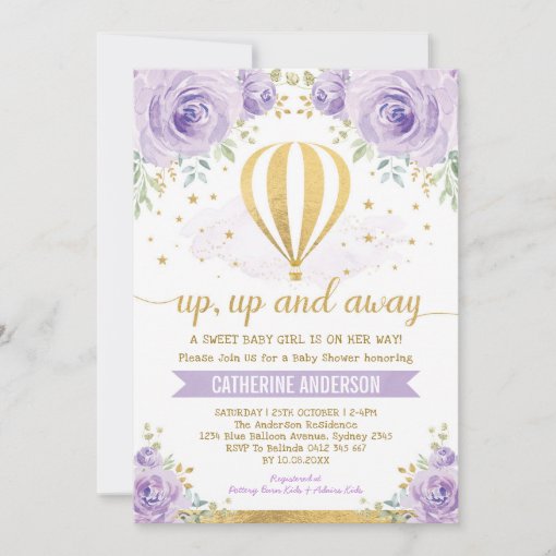 Purple Up And Away Hot Air Balloon Baby Shower Invitation Zazzle