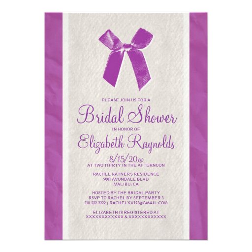 Purple Vintage Bow Linen Bridal Shower Invitations