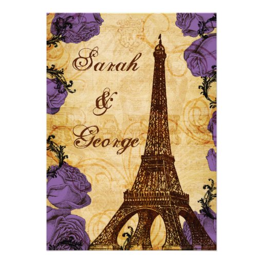 purple vintage eiffel tower Paris wedding invite