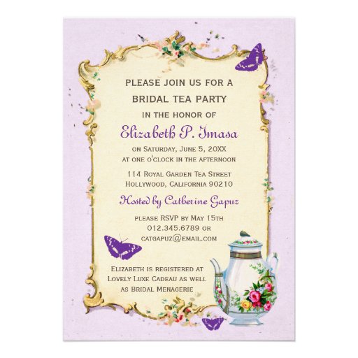 Purple Vintage French Bridal Tea Party Custom Invitations
