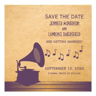 Purple Vintage Gramophone Save the Date Invite
