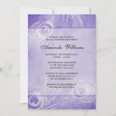 An elegant peacock bridal shower invitation featuring white peacock feathers