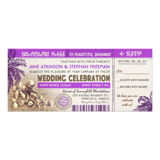 purple wedding boarding pass tickets personalized invites