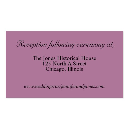 Purple Wedding enclosure cards Business Cards (front side)
