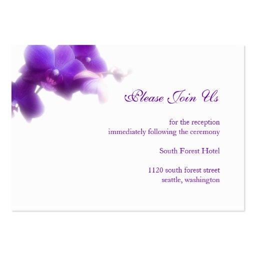 Purple Wedding Reception Enclosure Card Business Card (front side)