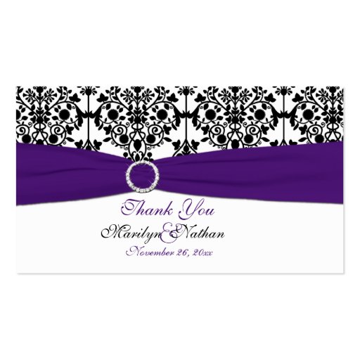Purple, White and Black Damask Wedding Favor Tag Business Card Template (front side)