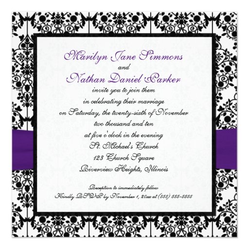 Purple, White and Black Damask Wedding Invitation