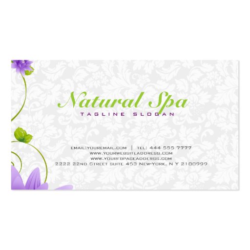 Purple White And Green Floral Design Business Card Template (back side)