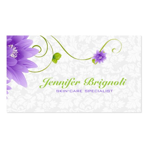 Purple White And Green Floral Design Business Card Template (front side)