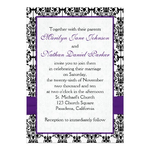 Purple, White, Black Damask Photo Wedding Invite