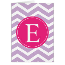 Purple White Chevron Bright Pink Monogram Greeting Cards
